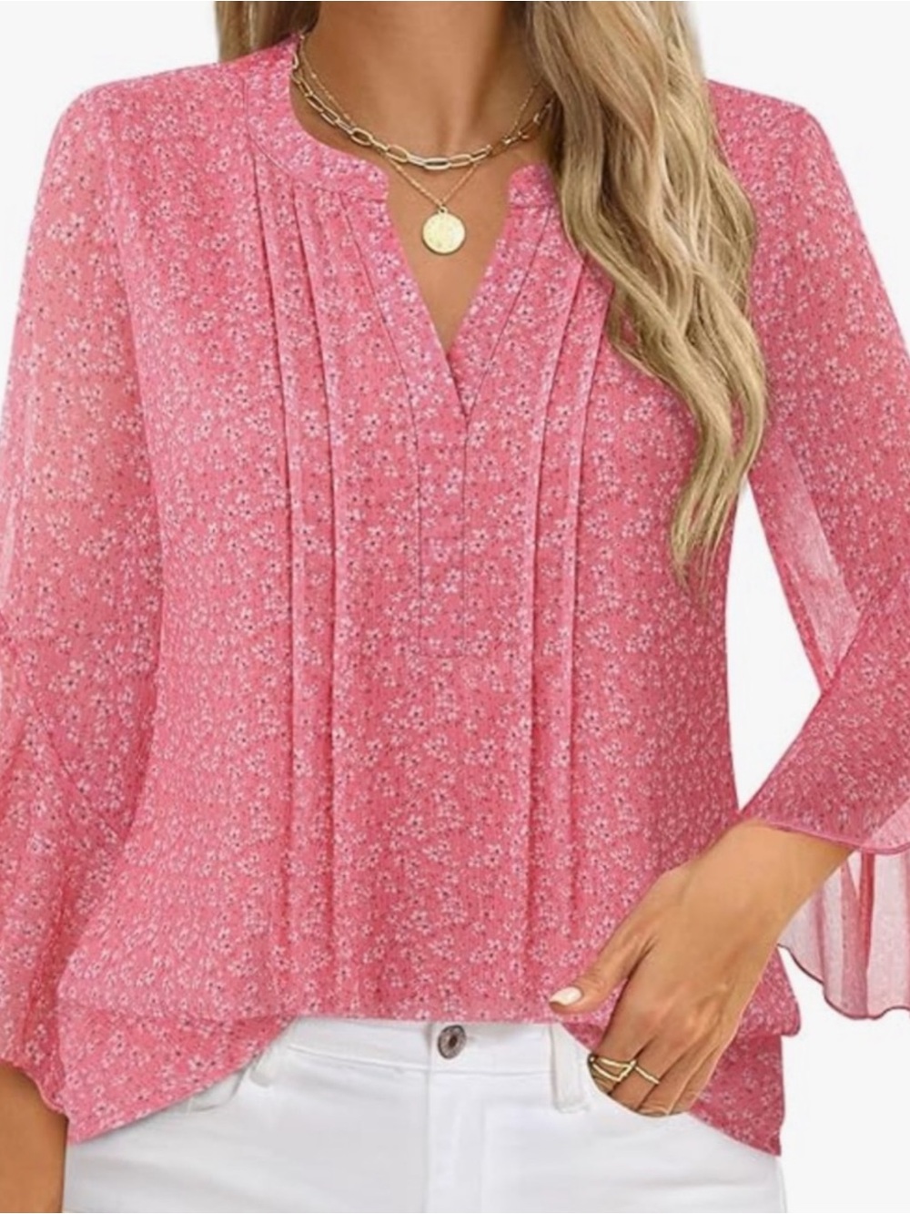 Women's Pink Floral Pleated V-Neck Blouse